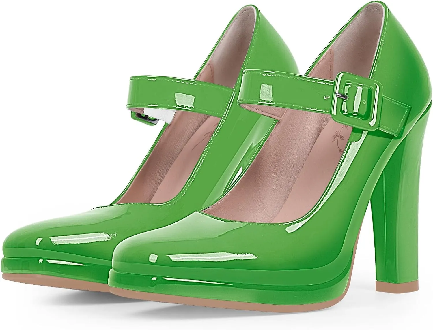 Women's Block High Heel Platform Mary Janes Shoes Buckle Strappy Square Toe Dress Pumps