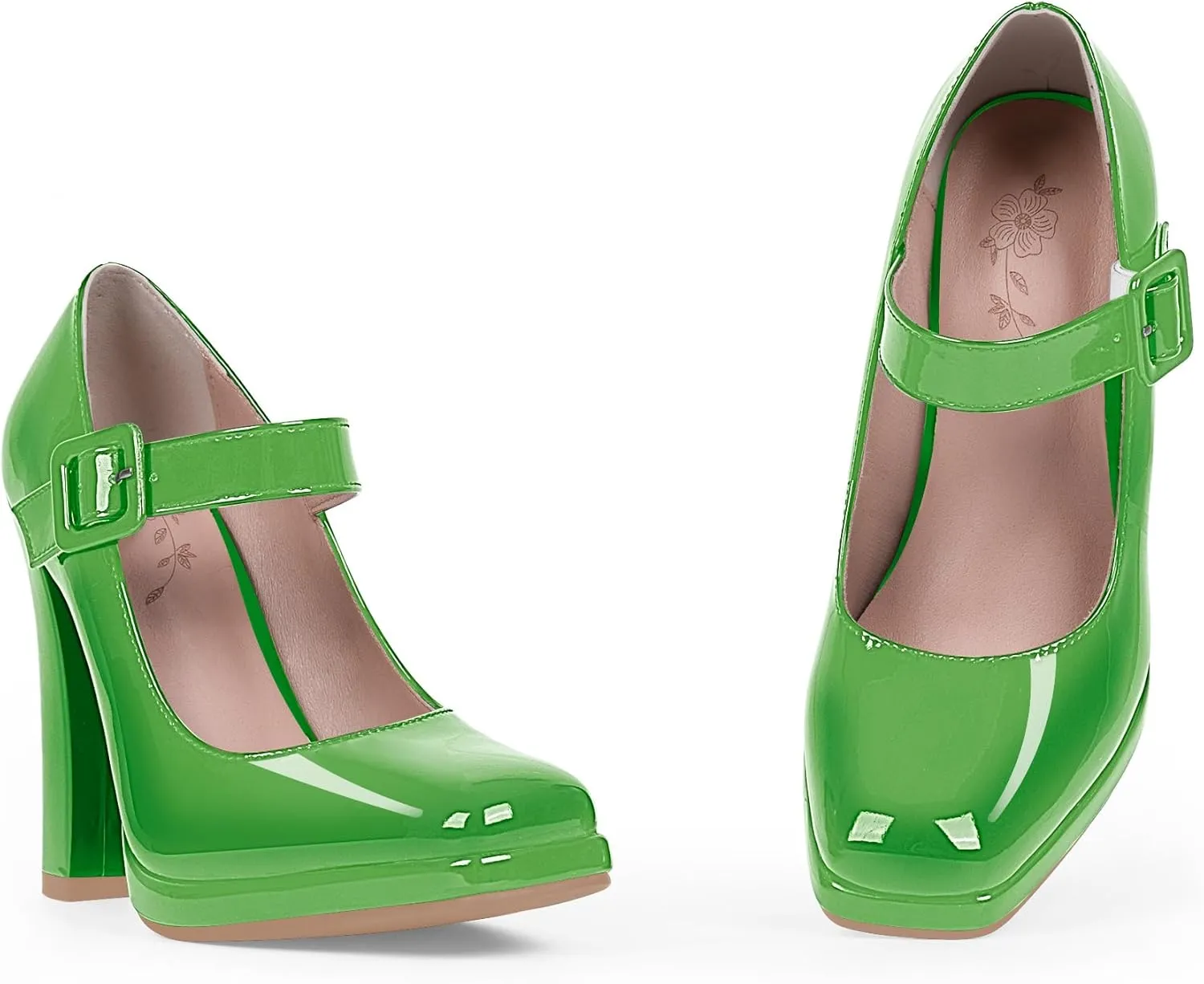 Women's Block High Heel Platform Mary Janes Shoes Buckle Strappy Square Toe Dress Pumps