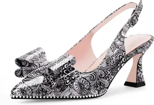Women's Bow Slingback Kitten Heels Closed Pointed Toe Pumps Dress Shoes
