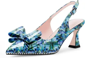 Women's Bow Slingback Kitten Heels Closed Pointed Toe Pumps Dress Shoes