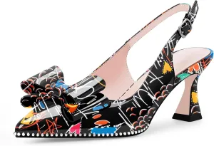 Women's Bow Slingback Kitten Heels Closed Pointed Toe Pumps Dress Shoes