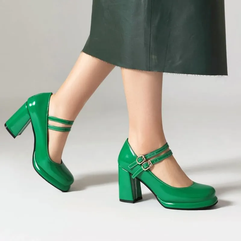 Women's Chunky Heels Platform Mary Janes Square Toe Pumps 3 Strap Patent Leather Block High Heel Dress Shoes