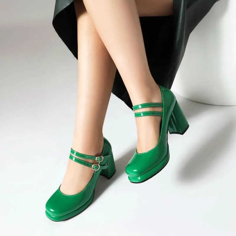 Women's Chunky Heels Platform Mary Janes Square Toe Pumps 3 Strap Patent Leather Block High Heel Dress Shoes