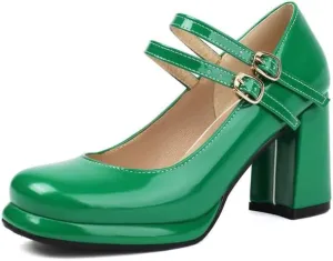 Women's Chunky Heels Platform Mary Janes Square Toe Pumps 3 Strap Patent Leather Block High Heel Dress Shoes