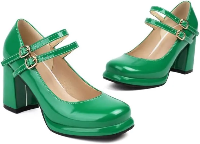 Women's Chunky Heels Platform Mary Janes Square Toe Pumps 3 Strap Patent Leather Block High Heel Dress Shoes