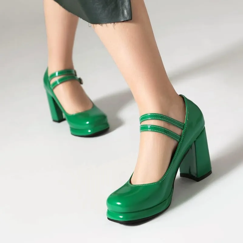 Women's Chunky Heels Platform Mary Janes Square Toe Pumps 3 Strap Patent Leather Block High Heel Dress Shoes