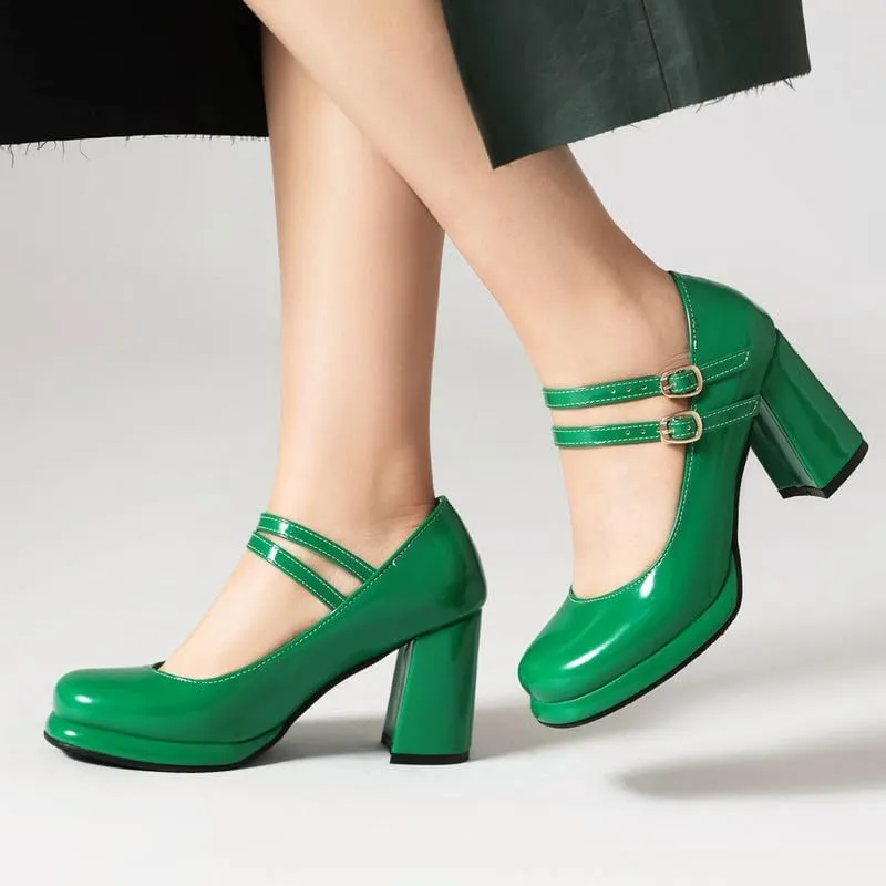 Women's Chunky Heels Platform Mary Janes Square Toe Pumps 3 Strap Patent Leather Block High Heel Dress Shoes