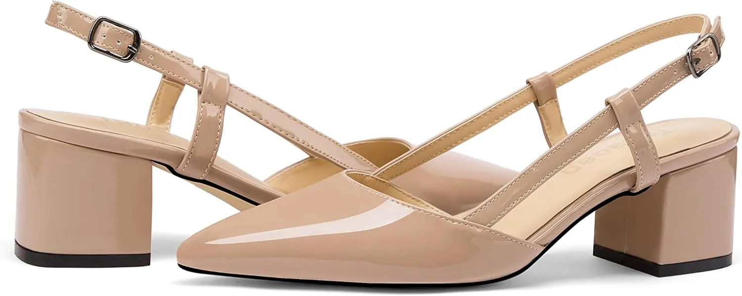 Women's Chunky Patent Leather Low Heel 1.5 Inch Ankle Strap Slingback Pointed Toe Pumps Business Work Dress Shoes