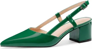 Women's Chunky Patent Leather Low Heel 1.5 Inch Ankle Strap Slingback Pointed Toe Pumps Business Work Dress Shoes