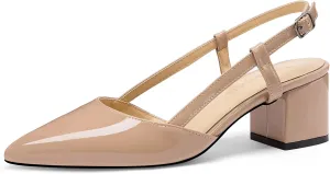Women's Chunky Patent Leather Low Heel 1.5 Inch Ankle Strap Slingback Pointed Toe Pumps Business Work Dress Shoes
