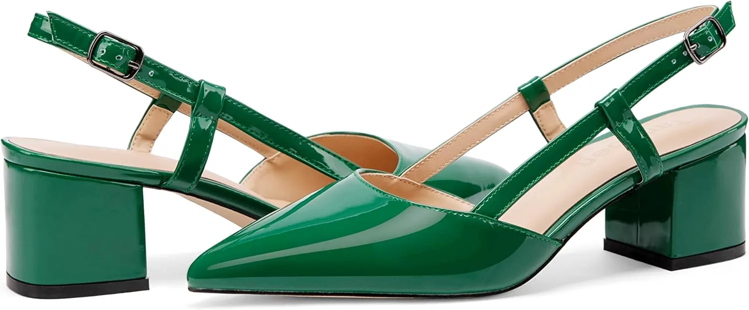Women's Chunky Patent Leather Low Heel 1.5 Inch Ankle Strap Slingback Pointed Toe Pumps Business Work Dress Shoes