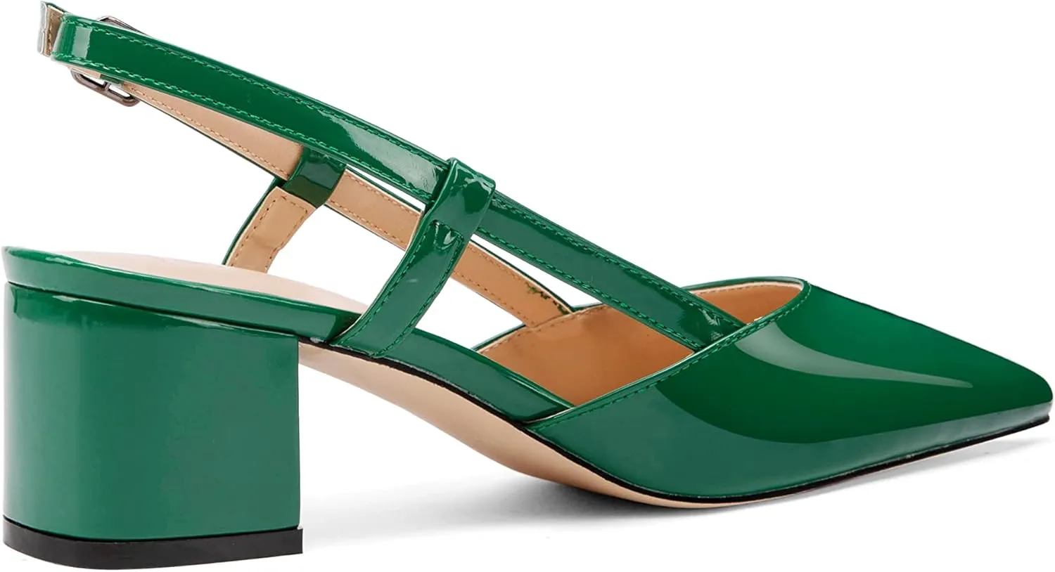 Women's Chunky Patent Leather Low Heel 1.5 Inch Ankle Strap Slingback Pointed Toe Pumps Business Work Dress Shoes