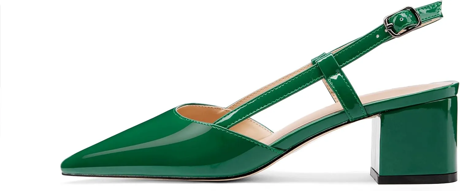 Women's Chunky Patent Leather Low Heel 1.5 Inch Ankle Strap Slingback Pointed Toe Pumps Business Work Dress Shoes