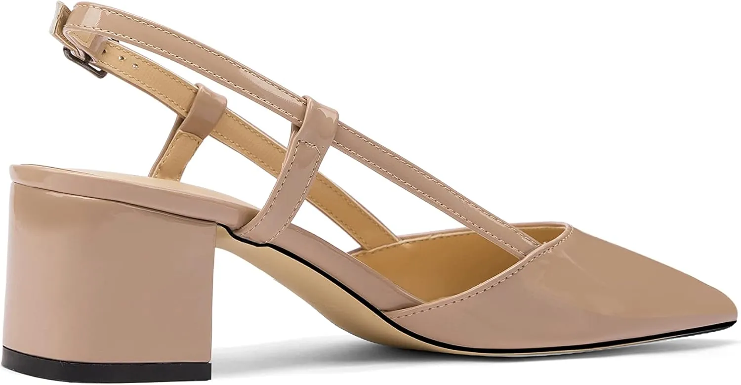 Women's Chunky Patent Leather Low Heel 1.5 Inch Ankle Strap Slingback Pointed Toe Pumps Business Work Dress Shoes