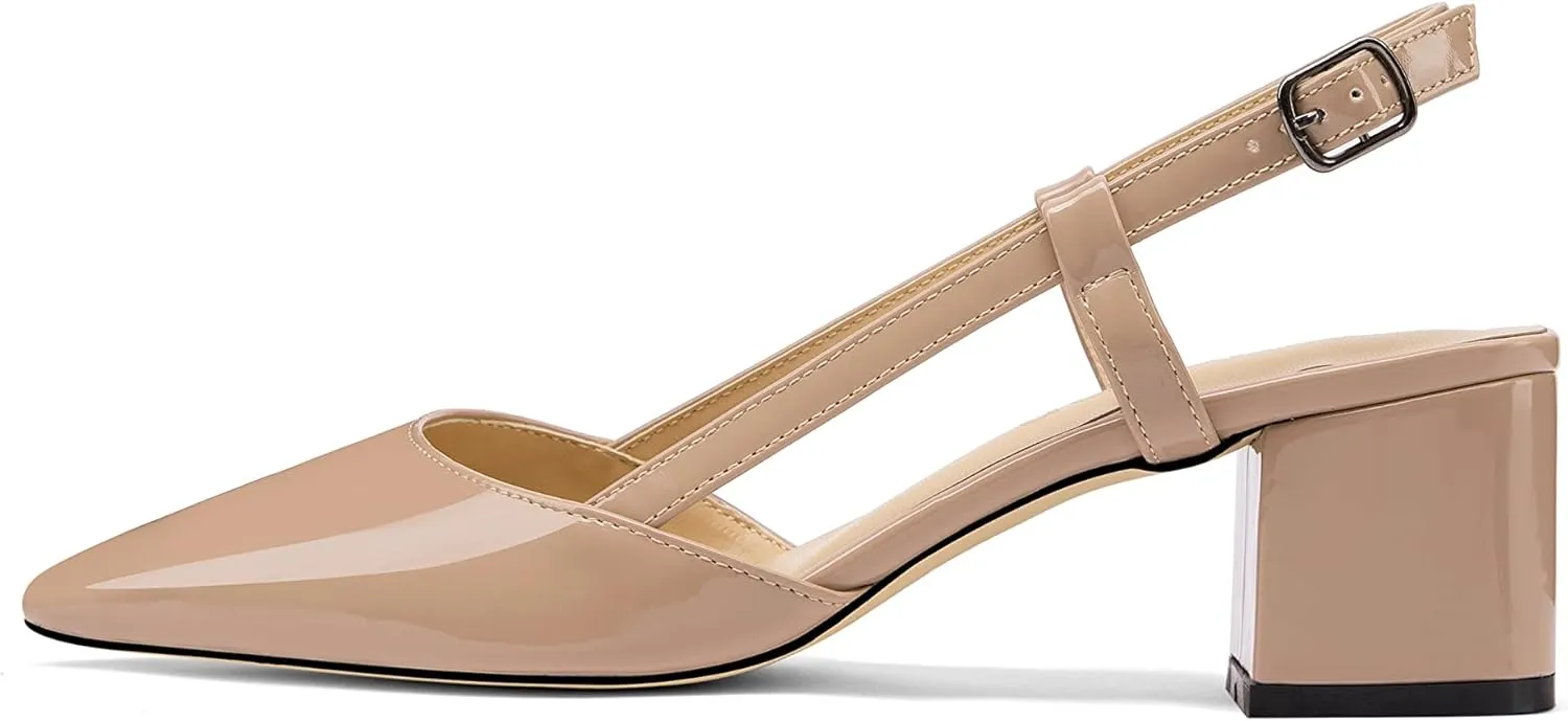 Women's Chunky Patent Leather Low Heel 1.5 Inch Ankle Strap Slingback Pointed Toe Pumps Business Work Dress Shoes