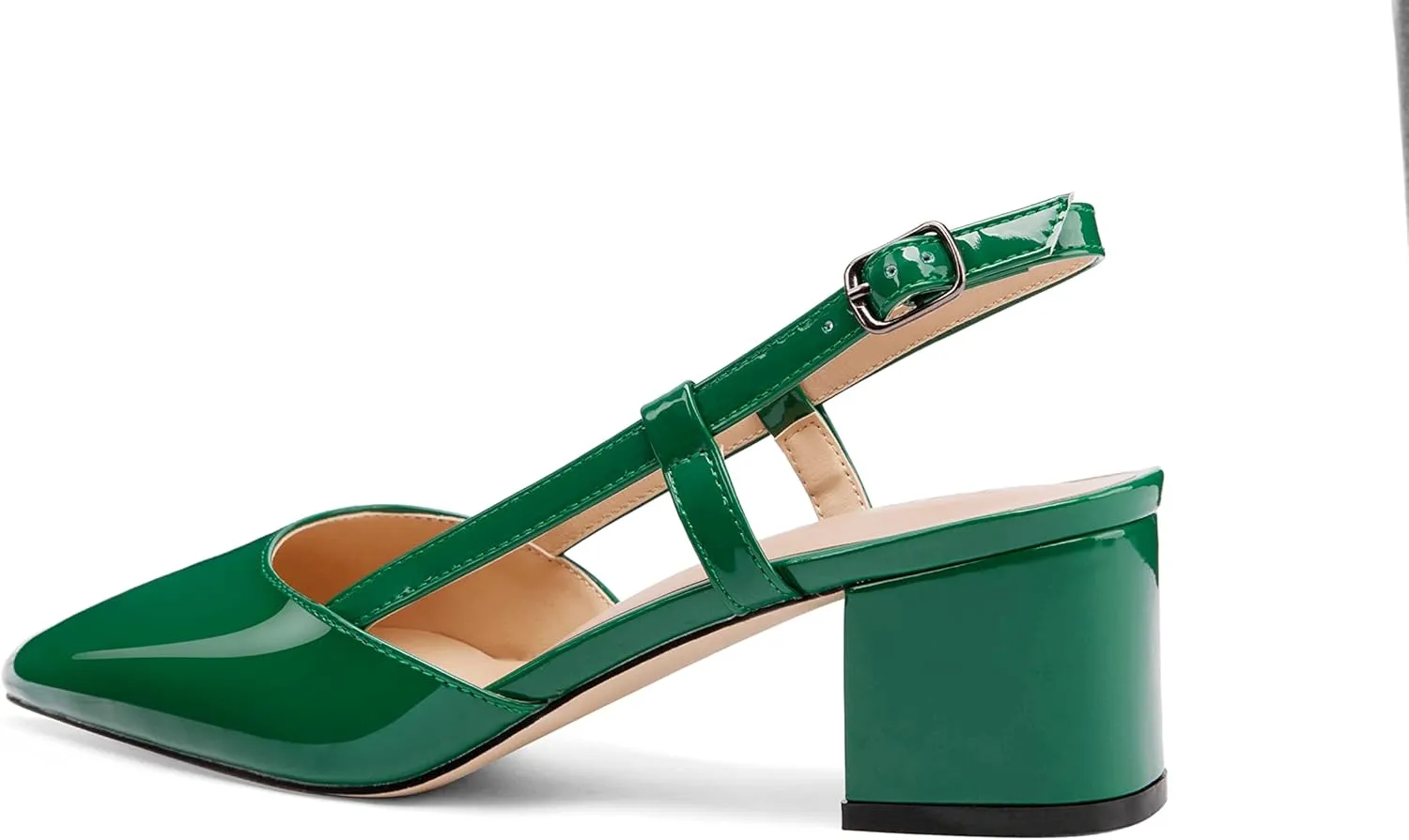 Women's Chunky Patent Leather Low Heel 1.5 Inch Ankle Strap Slingback Pointed Toe Pumps Business Work Dress Shoes
