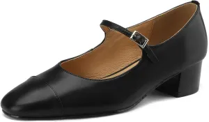 Women's Elegance Cap Toe Two-Tone Instep Strap Buckle Chunky Heel Mary Jane Shoes Classic Matte Leather Closed Round Toe Low Block Heel Dress Pumps Shoes