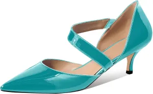 Women's Fashion 2 Inch Pointed Toe Slip On Elastic Band Patent Leather Kitten Low Heel Pumps Basic Work Shoes Office Daily