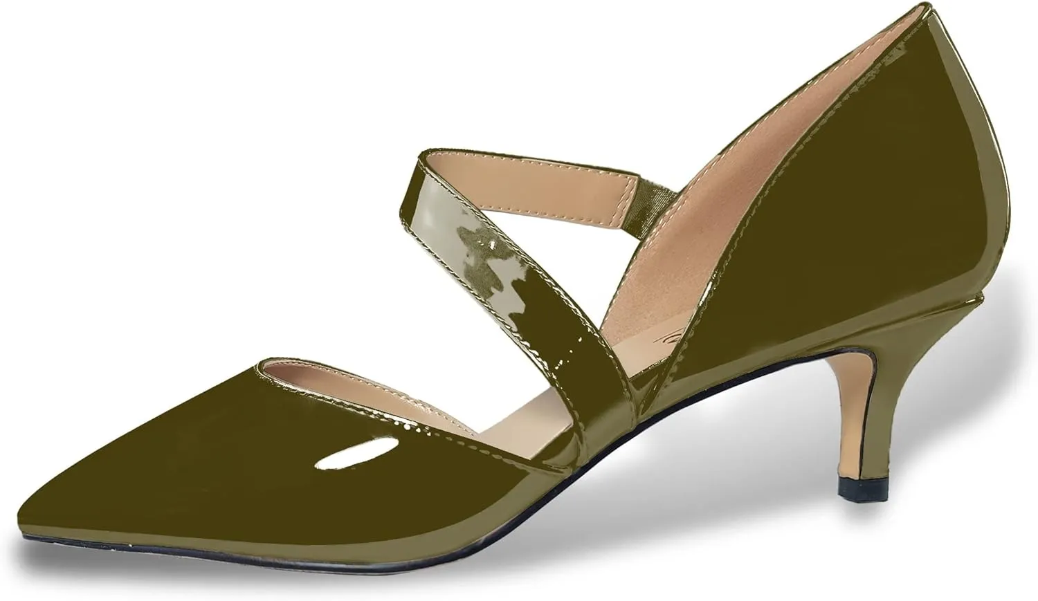 Women's Fashion 2 Inch Pointed Toe Slip On Elastic Band Patent Leather Kitten Low Heel Pumps Basic Work Shoes Office Daily