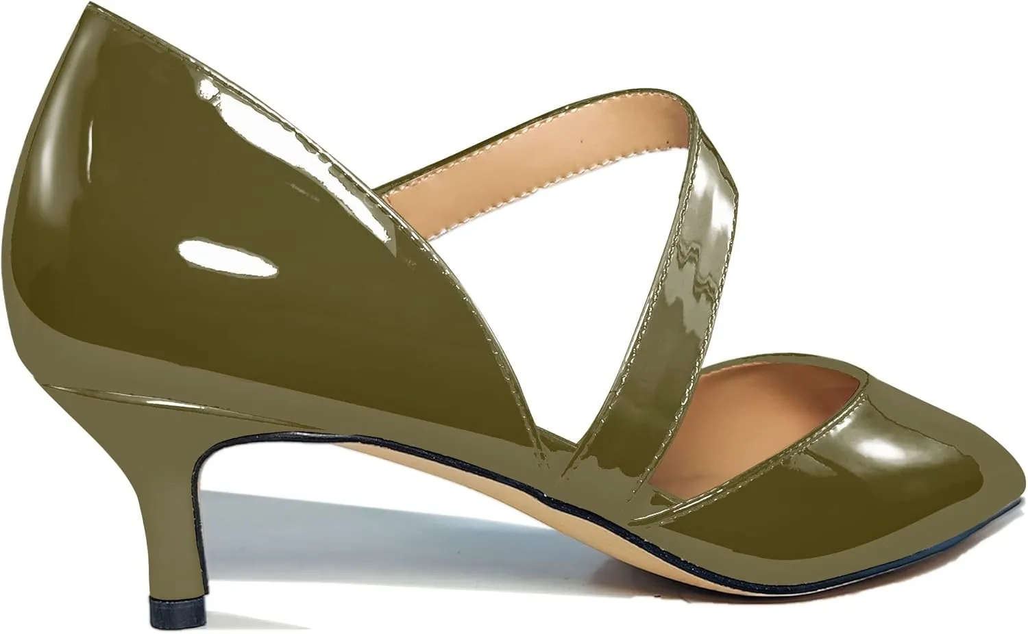 Women's Fashion 2 Inch Pointed Toe Slip On Elastic Band Patent Leather Kitten Low Heel Pumps Basic Work Shoes Office Daily