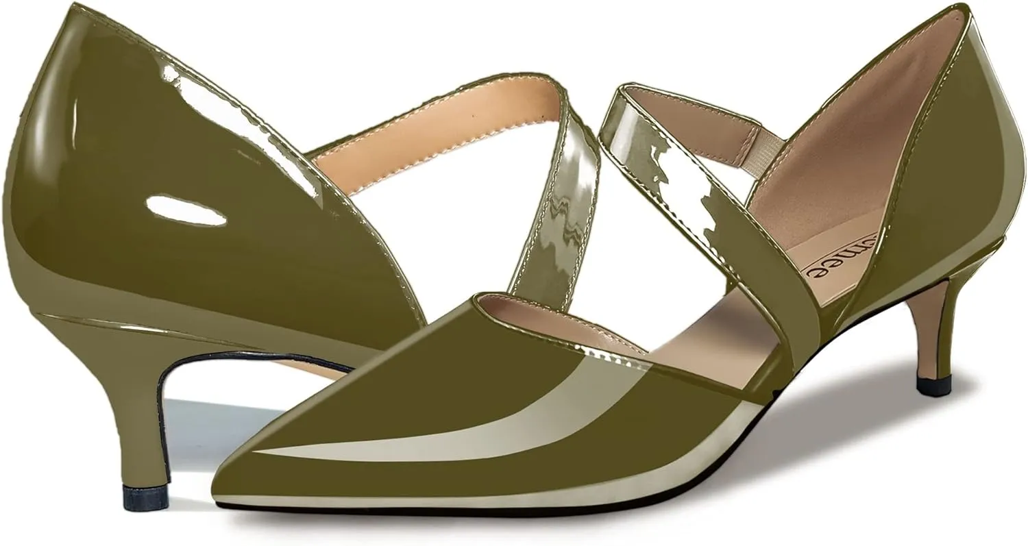 Women's Fashion 2 Inch Pointed Toe Slip On Elastic Band Patent Leather Kitten Low Heel Pumps Basic Work Shoes Office Daily
