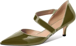 Women's Fashion 2 Inch Pointed Toe Slip On Elastic Band Patent Leather Kitten Low Heel Pumps Basic Work Shoes Office Daily