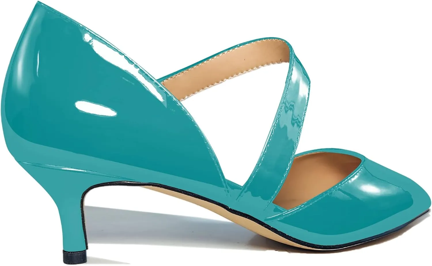 Women's Fashion 2 Inch Pointed Toe Slip On Elastic Band Patent Leather Kitten Low Heel Pumps Basic Work Shoes Office Daily