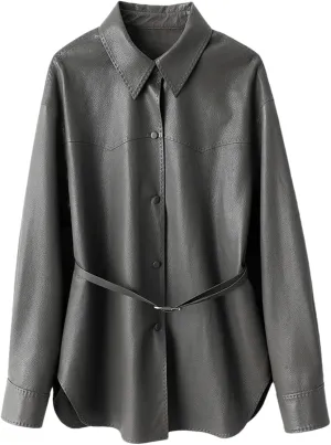 Women's Genuine Leather Jacket Solid Color Button-Up Mid-Length Racer Jacket Gray M