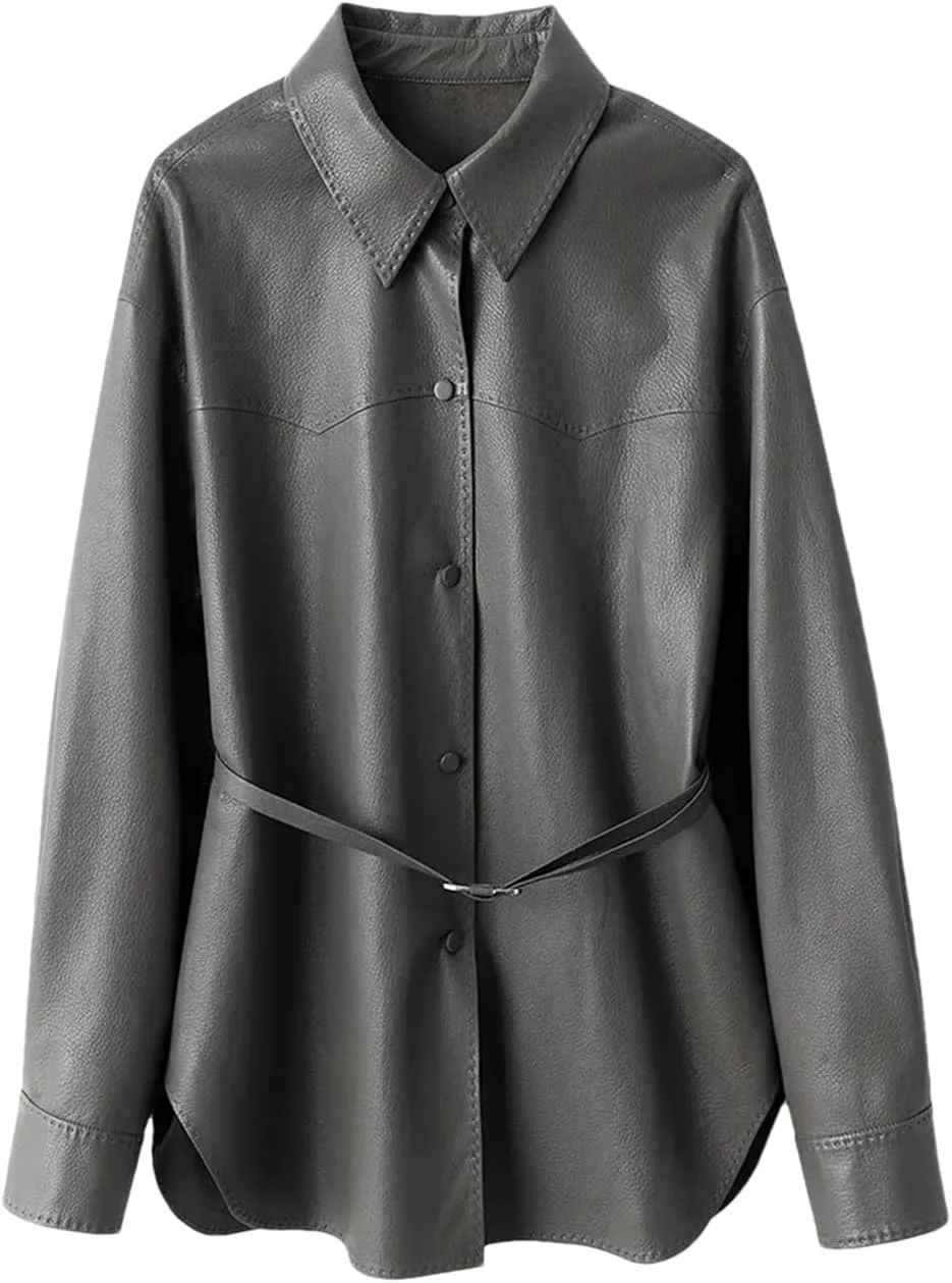 Women's Genuine Leather Jacket Solid Color Button-Up Mid-Length Racer Jacket Gray M