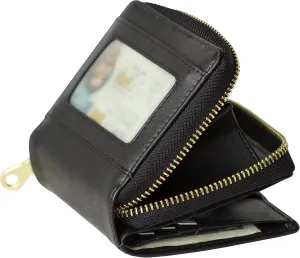 Women's Genuine Soft Leather Scan Proof Small Wallet Zip Coin Pocket in Black