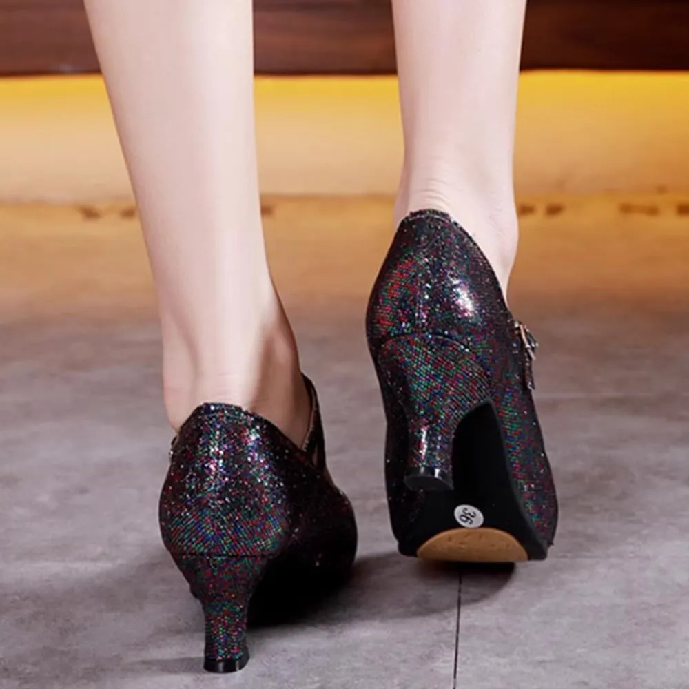 Women's Glitter Leather Latin Ballroom Dance Shoes Closed Toe Y Strap Cowhide Sole Dancing Heels Salsa, Party Dress Shoes Low Heels, Ankle Strap Pumps