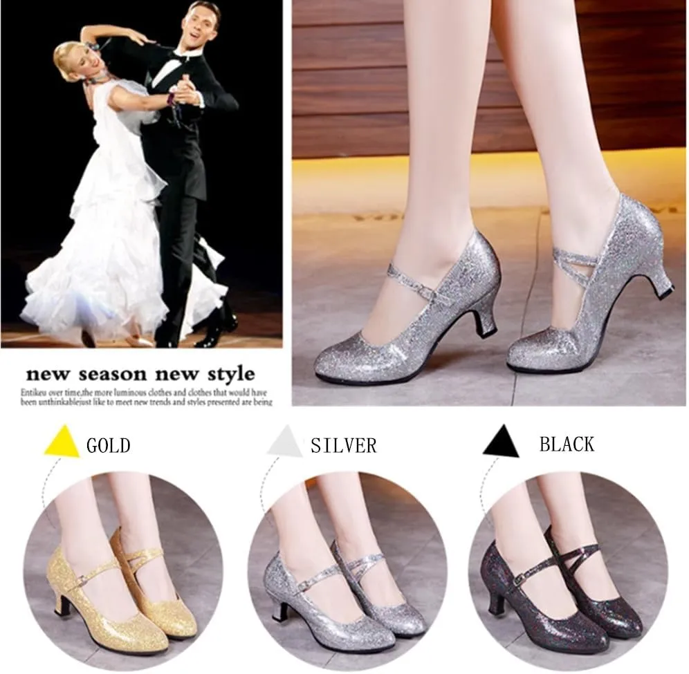 Women's Glitter Leather Latin Ballroom Dance Shoes Closed Toe Y Strap Cowhide Sole Dancing Heels Salsa, Party Dress Shoes Low Heels, Ankle Strap Pumps