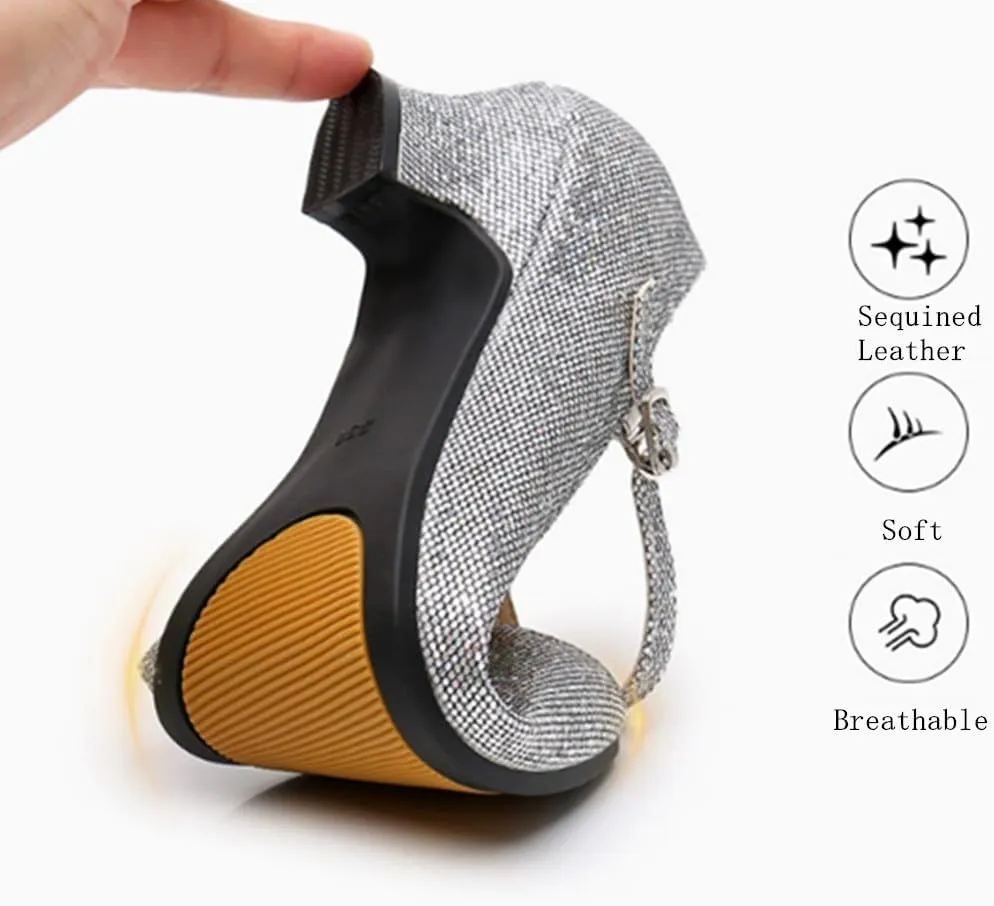 Women's Glitter Leather Latin Ballroom Dance Shoes Closed Toe Y Strap Cowhide Sole Dancing Heels Salsa, Party Dress Shoes Low Heels, Ankle Strap Pumps