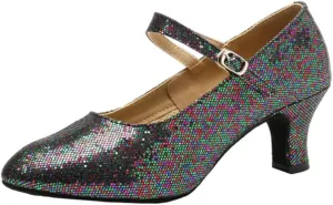 Women's Glitter Leather Latin Ballroom Dance Shoes Closed Toe Y Strap Cowhide Sole Dancing Heels Salsa, Party Dress Shoes Low Heels, Ankle Strap Pumps