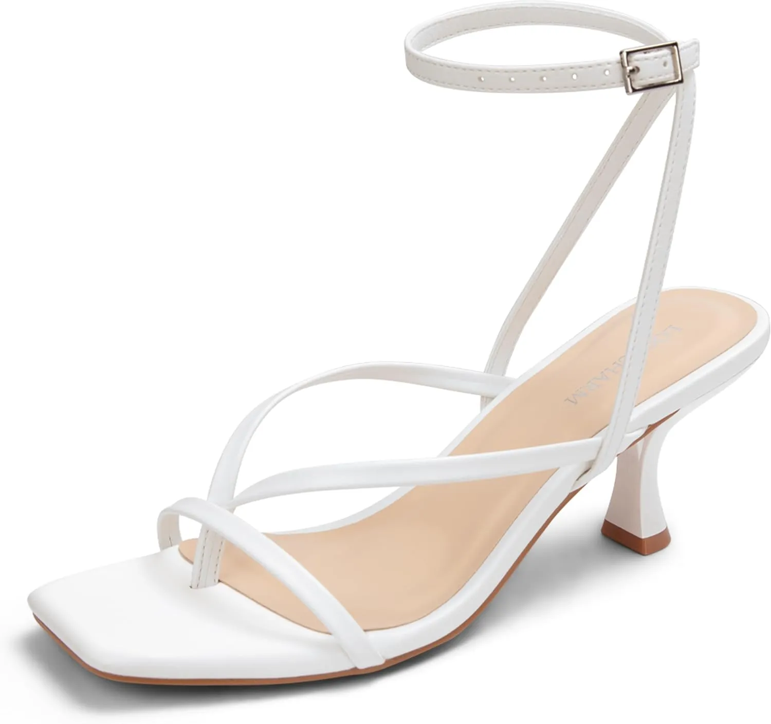 Women's Kitten Heel Strappy Open Square Toe Thong Ankle Strap Heels for Wedding
