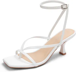 Women's Kitten Heel Strappy Open Square Toe Thong Ankle Strap Heels for Wedding