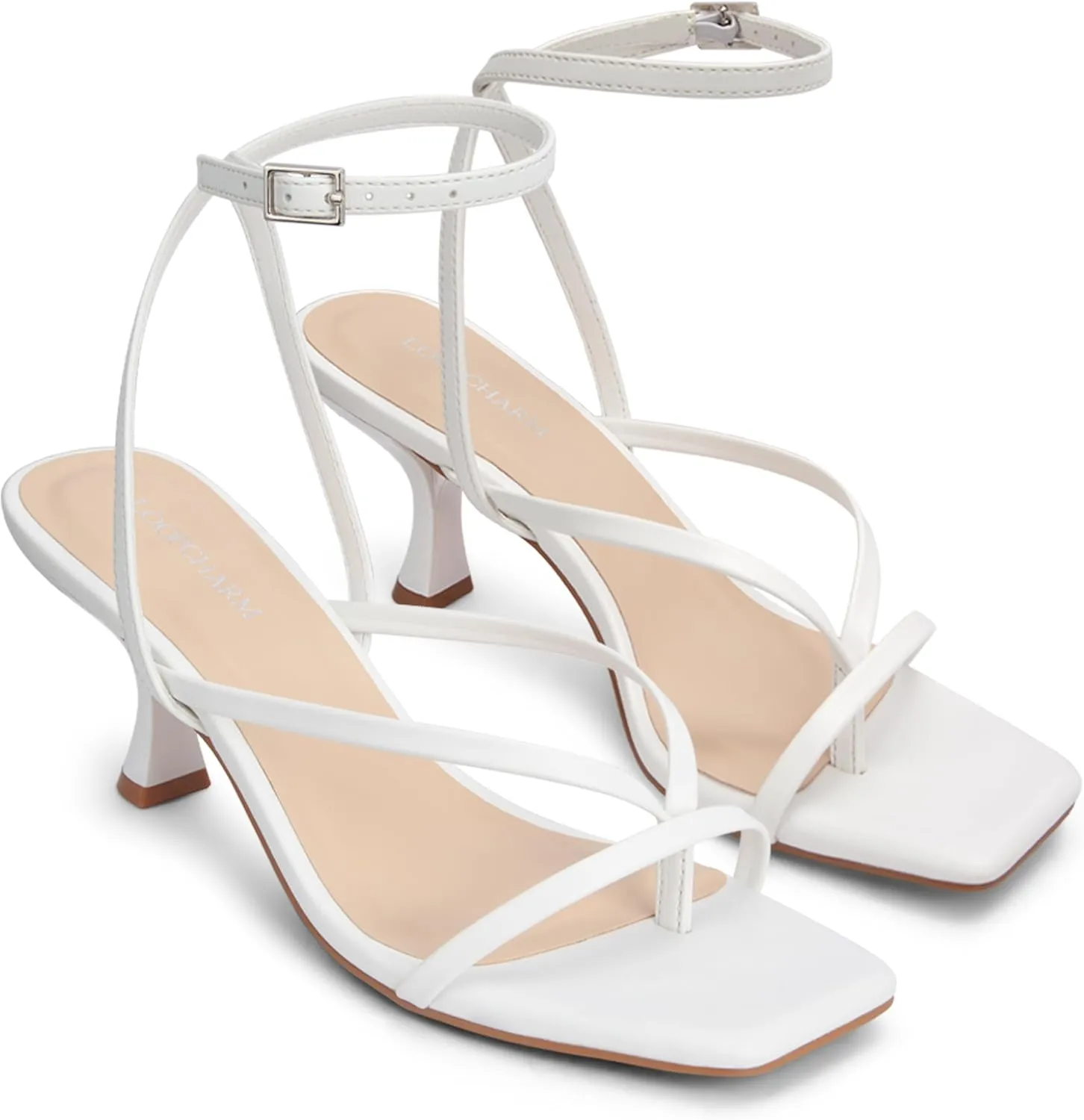 Women's Kitten Heel Strappy Open Square Toe Thong Ankle Strap Heels for Wedding