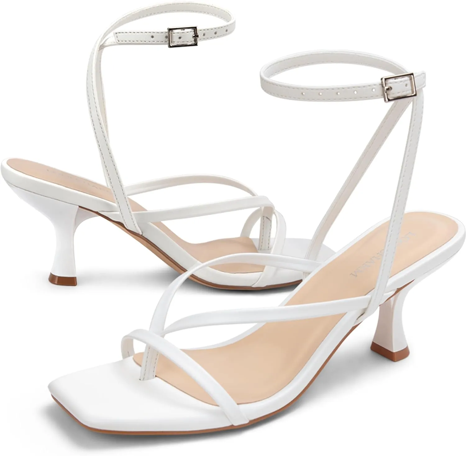 Women's Kitten Heel Strappy Open Square Toe Thong Ankle Strap Heels for Wedding
