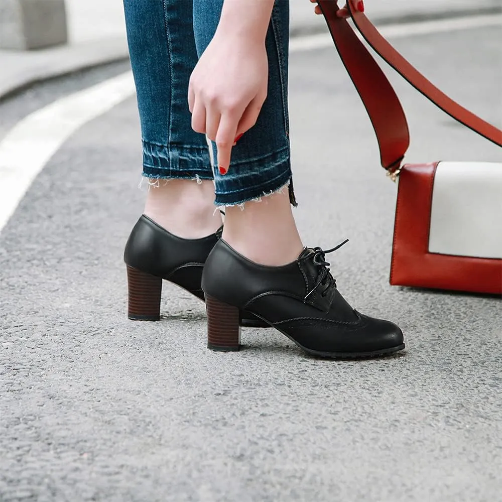 Women's Leather Vintage Oxfords Brogues Lace up Chunky Stacked Mid Heel Pumps Round Toe Dress Shoes