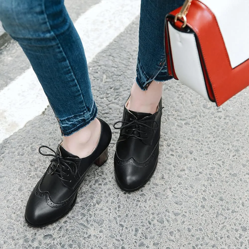 Women's Leather Vintage Oxfords Brogues Lace up Chunky Stacked Mid Heel Pumps Round Toe Dress Shoes
