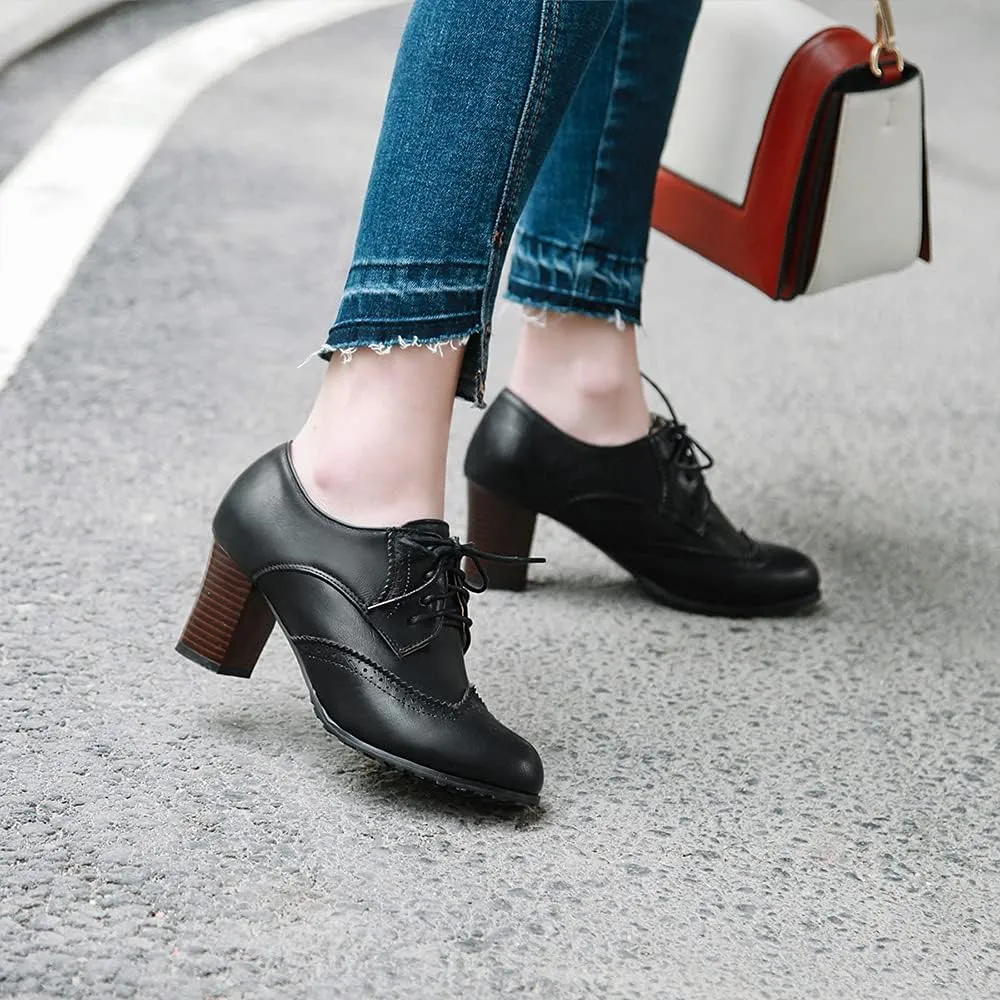 Women's Leather Vintage Oxfords Brogues Lace up Chunky Stacked Mid Heel Pumps Round Toe Dress Shoes