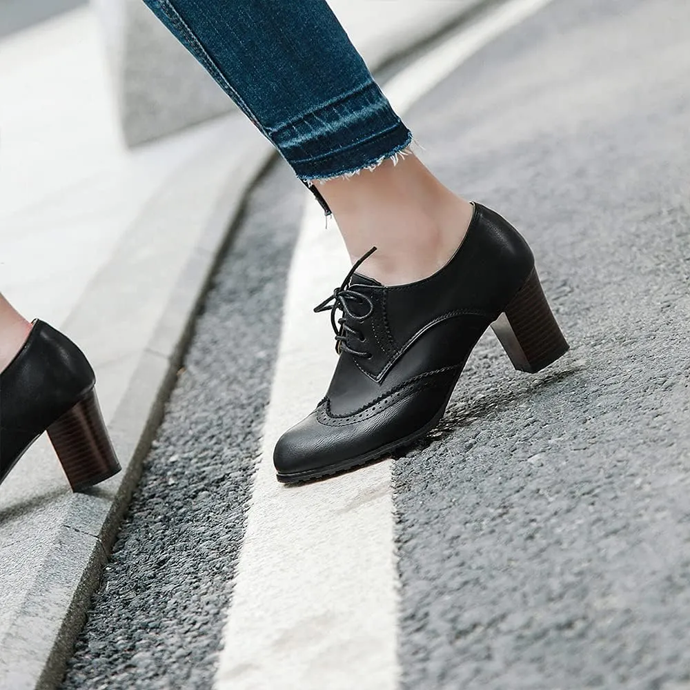 Women's Leather Vintage Oxfords Brogues Lace up Chunky Stacked Mid Heel Pumps Round Toe Dress Shoes