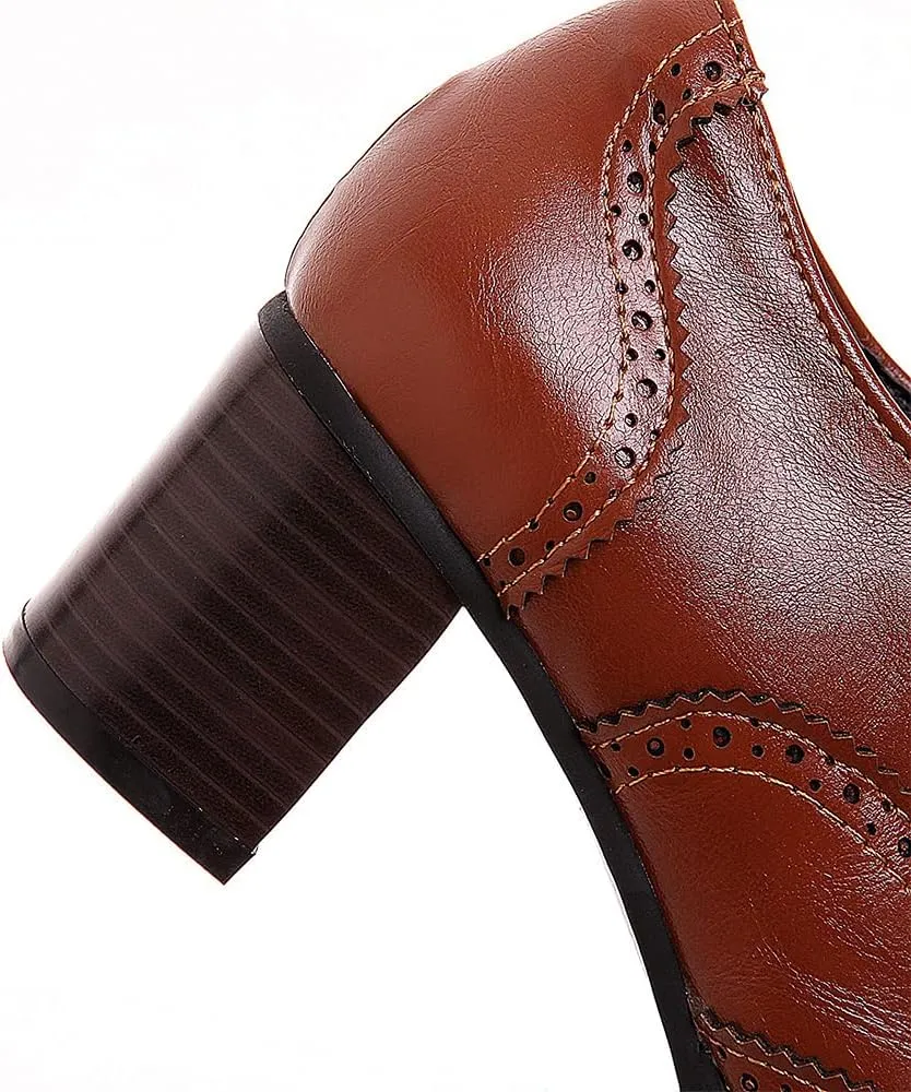 Women's Leather Vintage Oxfords Brogues Lace up Chunky Stacked Mid Heel Pumps Round Toe Dress Shoes