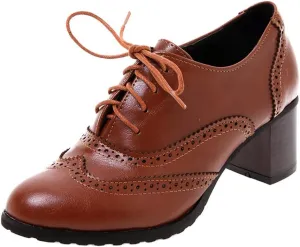 Women's Leather Vintage Oxfords Brogues Lace up Chunky Stacked Mid Heel Pumps Round Toe Dress Shoes