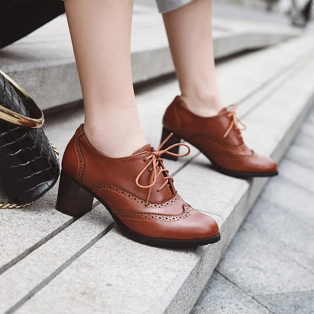 Women's Leather Vintage Oxfords Brogues Lace up Chunky Stacked Mid Heel Pumps Round Toe Dress Shoes