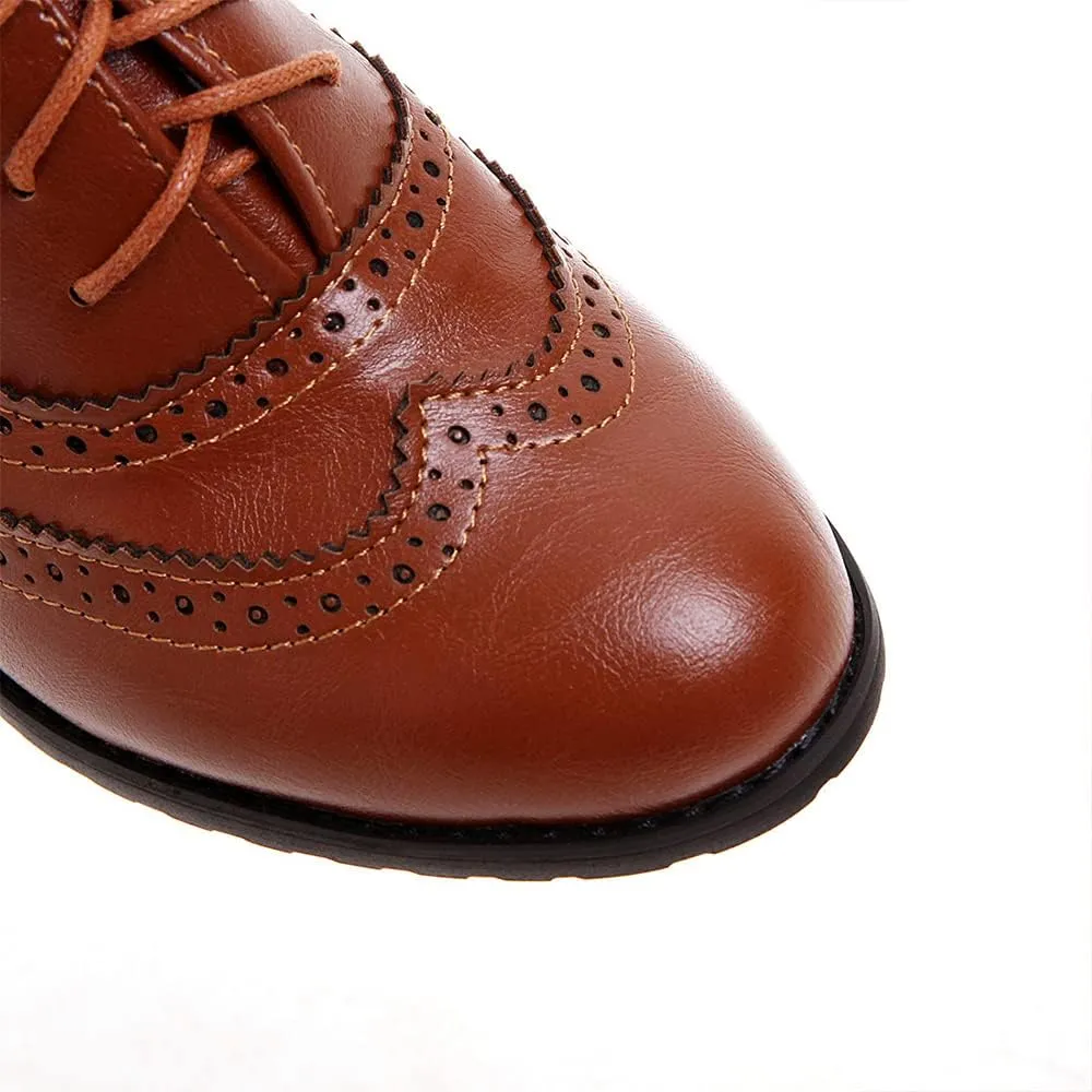 Women's Leather Vintage Oxfords Brogues Lace up Chunky Stacked Mid Heel Pumps Round Toe Dress Shoes