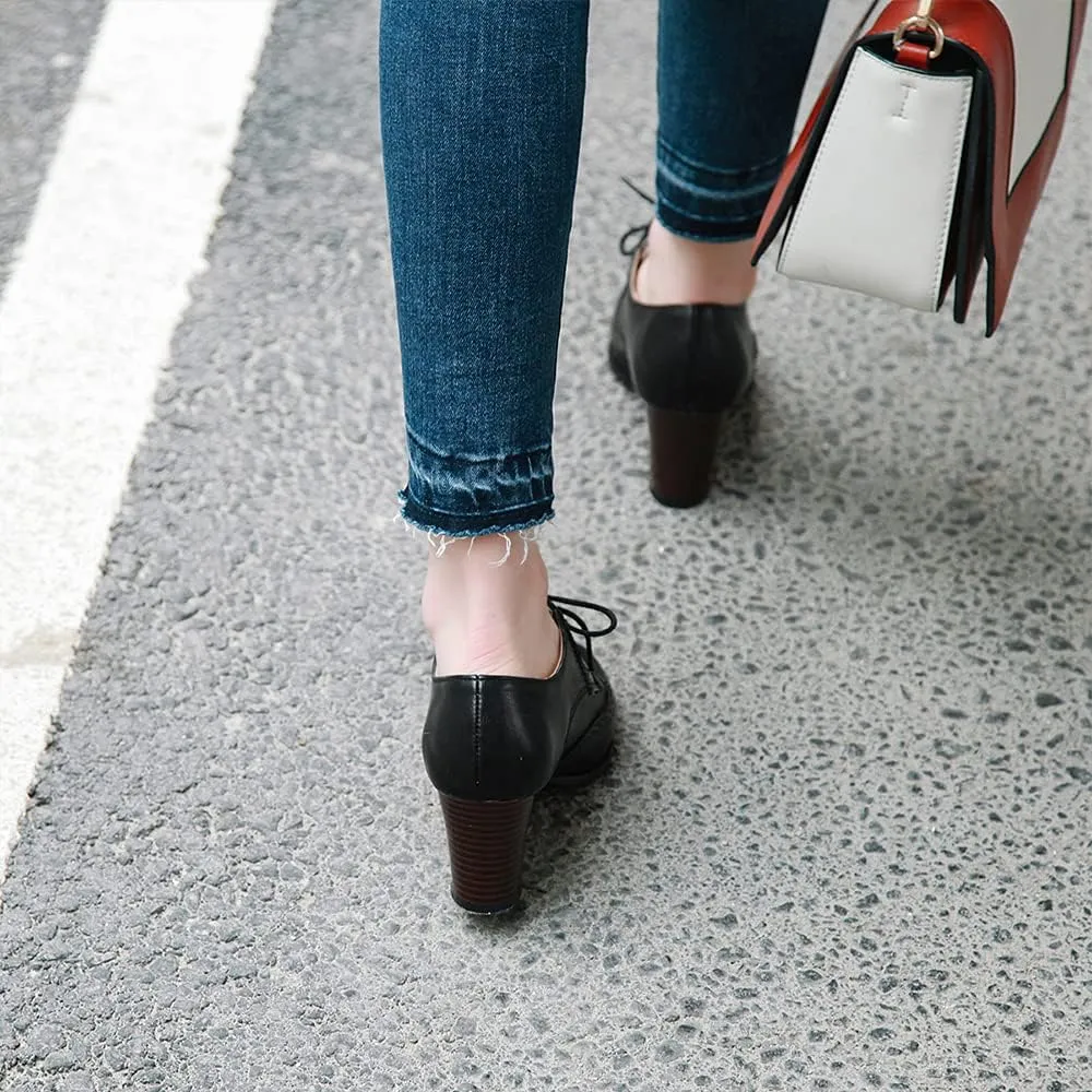 Women's Leather Vintage Oxfords Brogues Lace up Chunky Stacked Mid Heel Pumps Round Toe Dress Shoes