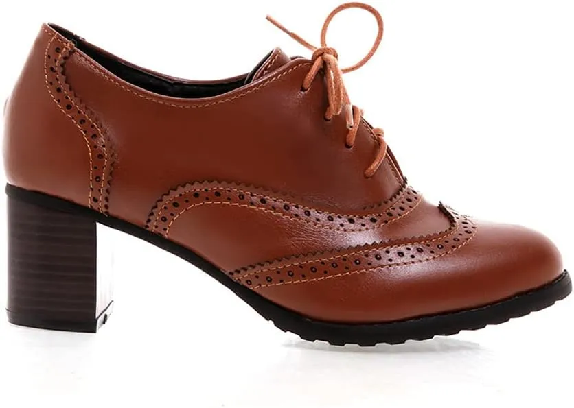 Women's Leather Vintage Oxfords Brogues Lace up Chunky Stacked Mid Heel Pumps Round Toe Dress Shoes