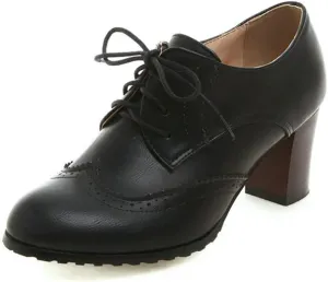 Women's Leather Vintage Oxfords Brogues Lace up Chunky Stacked Mid Heel Pumps Round Toe Dress Shoes