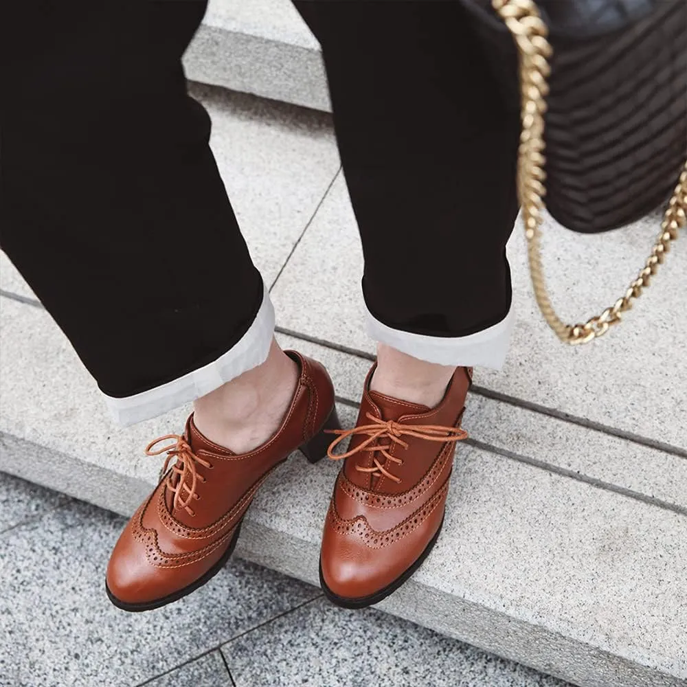 Women's Leather Vintage Oxfords Brogues Lace up Chunky Stacked Mid Heel Pumps Round Toe Dress Shoes